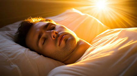 A young man enjoys a peaceful sleep as gentle morning light streams in, creating a serene atmosphere of comfort and tranquility in a cozy bedroom.の素材