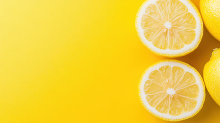 Vibrant lemons sliced open on a bright yellow background. Perfect for projects related to food, freshness, and healthy living. Ideal for culinary use.の素材