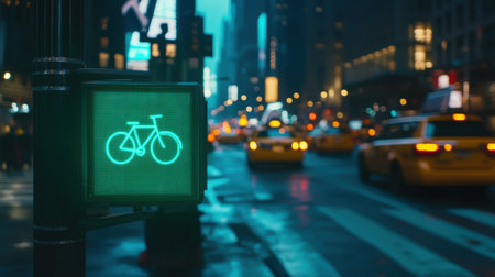 A vibrant green bicycle signal shines in a bustling urban cityscape at night, surrounded by yellow taxis and illuminated buildings, highlighting urban cycling.の素材