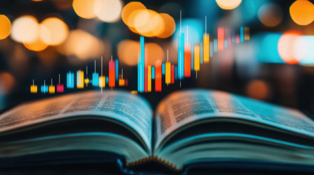 An open book displays vibrant data visualization graphics, symbolizing the integration of knowledge and data analysis in education and finance.の素材