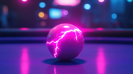 A glowing electric pool ball with striking purple lightning sits on a table, surrounded by vibrant lights, creating an energetic and modern atmosphere.の素材