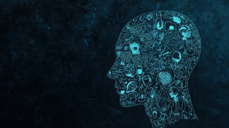 A striking silhouette of a human head filled with intricate medical illustrations, representing diverse concepts of health, mind, and creativity in an abstract blue background.の素材