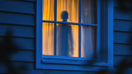 A haunting silhouette stands behind a curtain in a dimly lit window, creating an atmosphere filled with mystery, suspense, and intrigue.の素材
