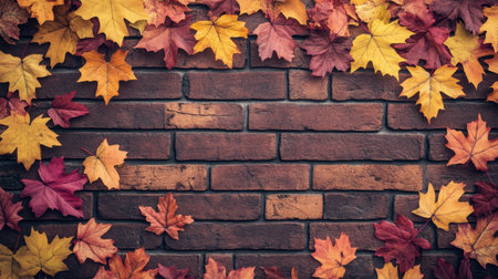 A vibrant display of autumn leaves in red, orange, and yellow, beautifully arranged on a rustic brick background. Ideal for fall-themed designs.の素材