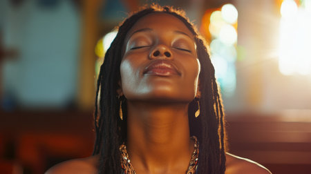 A serene woman poses with closed eyes, enjoying the warmth of soft sunlight indoors. Her relaxed expression embodies tranquility and inner peace, inviting calmness.の素材
