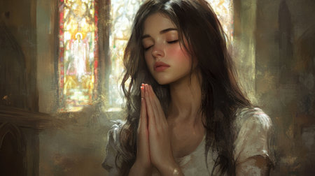 A serene young woman with her eyes closed gently prays in a softly lit environment, evoking feelings of spirituality and tranquility amidst a peaceful ambiance.の素材