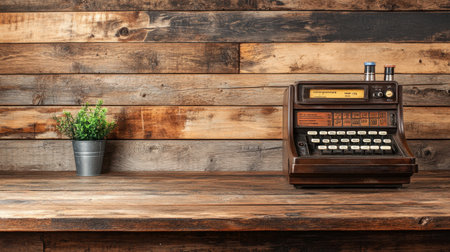 A vintage cash register sits atop a rustic wooden countertop, complemented by a small green plant in a pot, blending classic charm with modern simplicity.の素材