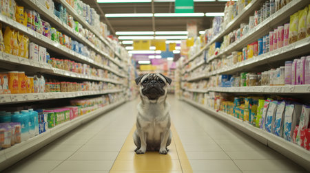A cute pug dog sits calmly in the aisle of a vibrant supermarket, surrounded by a variety of colorful products on the shelves, creating a playful scene.の素材