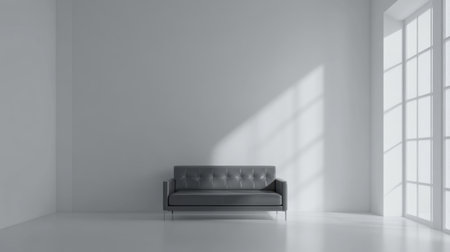 A minimalist living room featuring a gray couch and abundant natural light. The clean lines and empty space create a serene and stylish atmosphere.の素材