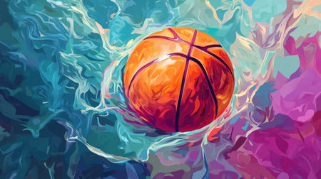 A captivating digital art piece featuring a vibrant basketball submerged in a splash of colorful water. The design showcases dynamic movement and energy.の素材