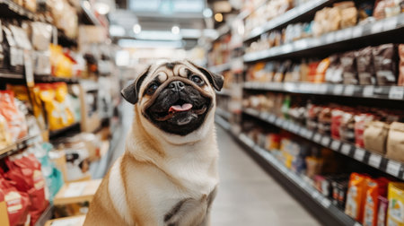 A cheerful pug dog sitting in a grocery aisle, capturing the joy of shopping. This cute animal adds a delightful touch to any pet or lifestyle theme.の素材