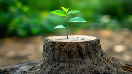A vibrant green plant grows from a tree stump, symbolizing renewal and resilience in nature. This serene scene captures the beauty of life and growth.の素材