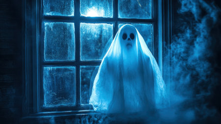An eerie ghostly figure appears at a foggy window, shrouded in mist. The haunting atmosphere evokes feelings of fear and mystery in a dark setting.の素材