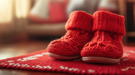 These cozy red knitted baby booties add a charming touch to any nursery or home, perfect for keeping little feet warm and stylish during winter.の素材
