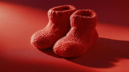 Adorable cozy red baby booties featuring a soft knit texture. Perfect for capturing warmth and comfort in a serene lifestyle or nursery setting.の素材