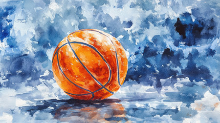 A vibrant watercolor painting of an orange basketball, set against a dynamic blue background. This artwork captures the energy and movement of the sport, making it ideal for sports enthusiasts.の素材