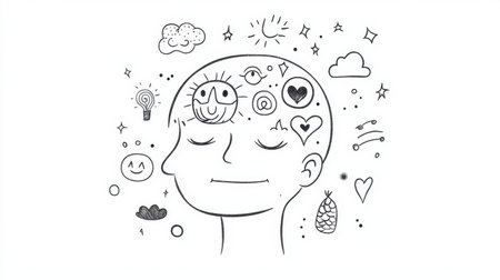 This illustration features a serene face surrounded by whimsical doodles, representing thoughts and feelings related to mindfulness and emotional wellness.の素材