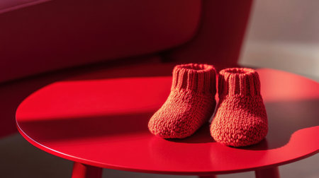 A charming pair of cozy red baby booties sits on a bright table, capturing the essence of warmth and style in a playful indoor setting.の素材