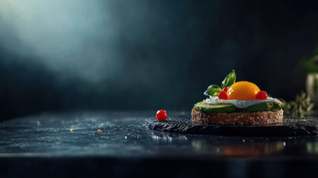 A visually appealing dish featuring a fresh egg on rustic bread, garnished with cherry tomatoes and basil, perfect for breakfast or brunch.の素材