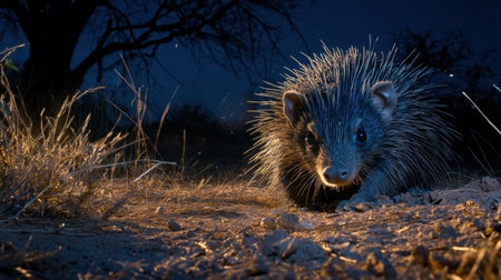 A curious porcupine ventures through the nocturnal wilderness, showcasing its spiky quills and inquisitive nature against a peaceful nighttime backdrop. Perfect for wildlife enthusiasts.の素材