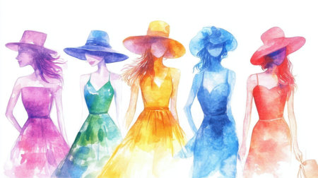 A beautiful watercolor illustration featuring women in colorful dresses and stylish hats. Perfect for summer themes, fashion projects, or art collections.の素材