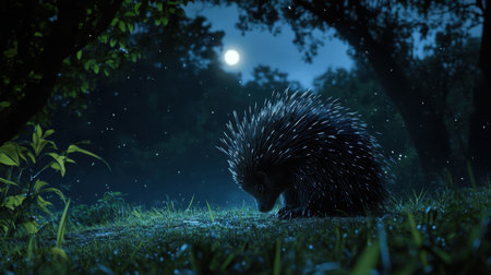 A captivating nighttime scene featuring a porcupine under the glow of the moonlight, surrounded by lush greenery. The tranquil atmosphere highlights the beauty of wildlife in nature.の素材