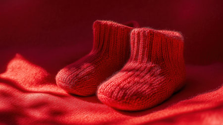 Close-up of cozy red baby booties crafted from knit fabric, showcasing warmth and cuteness. Perfect for newborns, these booties add charm to any outfit.の素材