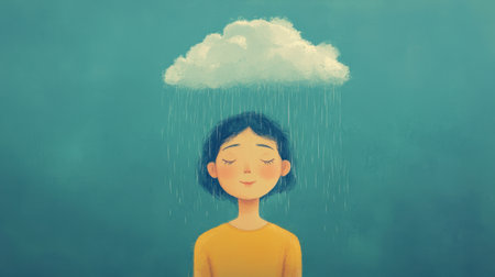 This charming illustration features a girl serenely standing under a rain cloud, evoking feelings of calm and contemplation. The soft colors and whimsical design create a peaceful atmosphere.の素材