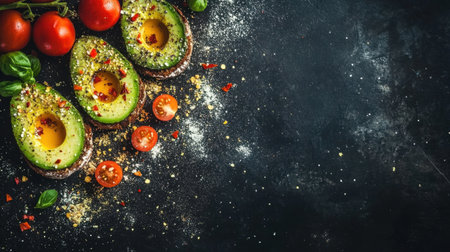 A vibrant arrangement of fresh avocado halves and ripe tomatoes garnished with spices on a dark background, perfect for healthy meal inspirations.の素材