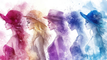 Vibrant silhouettes of women in stylish hats create an artistic representation of beauty and fashion, showcasing a blend of colors and creativity in a modern design.の素材