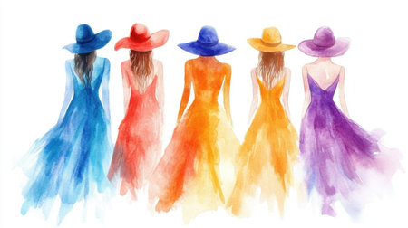 This vibrant watercolor illustration showcases a group of women in colorful dresses and wide-brimmed hats, embodying joy, beauty, and friendship in a chic summer setting.の素材