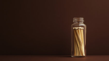 A glass jar filled with wooden matches is set against a rich brown backdrop. This minimalistic image captures simplicity and functionality in design.の素材