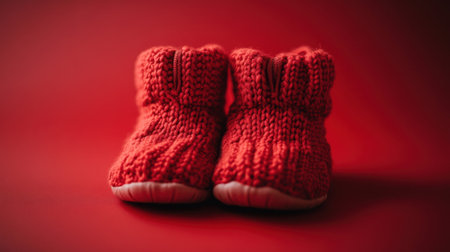 Adorable red knitted baby booties with a soft texture, perfect for little feet. Ideal for photoshoots, baby gifts, or nursery decor ideas.の素材
