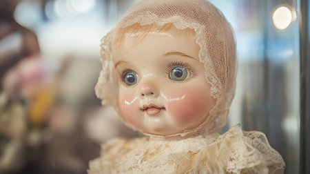 This captivating vintage doll features striking blue eyes and intricate lace details, housed in a glass display case. A perfect representation of nostalgia.の素材