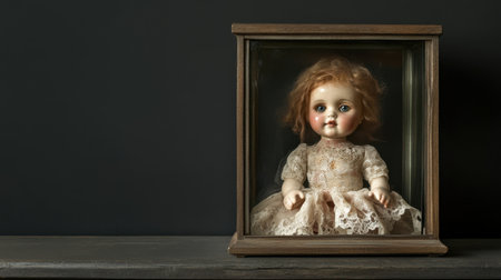 A charming antique doll displayed in a glass case, capturing childhood nostalgia. The vintage porcelain features delicate lace dress, evoking timelessness.の素材