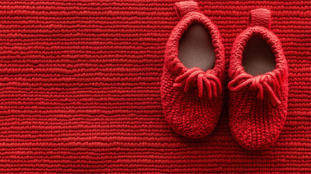 A pair of cozy red baby shoes resting on a bright red background, showcasing a knit texture, perfect for capturing warmth and cuteness in infant apparel.の素材