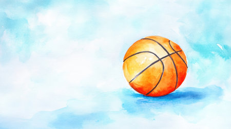 A vibrant watercolor illustration of a basketball on a soft blue background, perfect for sports-themed projects and materials that capture the energy of the game.の素材