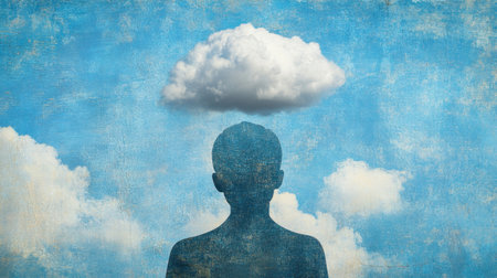 A creative silhouette of a person with a cloud floating above, representing dreams and thoughts against a serene blue sky, symbolizing imagination and tranquility.の素材