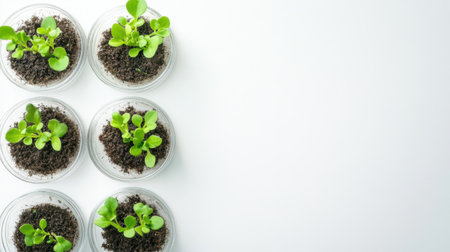 A collection of fresh seedlings growing in clear pots filled with soil, showcasing the beauty of nature and new beginnings against a minimalist background.の素材