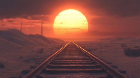 A mesmerizing sunset casts a warm glow over tranquil railway tracks, creating a stunning landscape scene. Perfect for travel and nature themes.の素材
