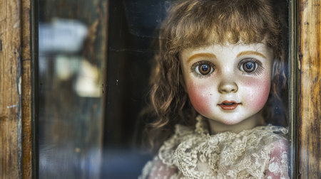 A captivating vintage doll with delicate features and a charming expression, displayed behind glass. Perfect for themes of nostalgia and childhood memories.の素材