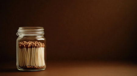 A glass jar filled with wooden matches against a brown background, creating a warm and inviting ambiance, ideal for home decor and still life compositions.の素材