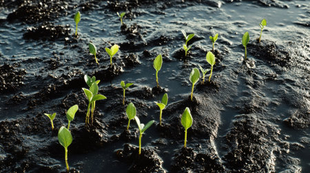 Bright green plants germinating in moist soil, representing nature's growth and Earth Day celebrationsの素材