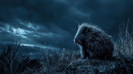 A solitary porcupine sits against a dramatic, stormy sky, showcasing its textured fur and calm demeanor amidst a moody landscape, capturing the essence of wildlife.の素材