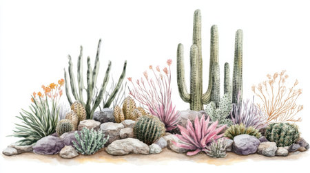 This illustration depicts a vibrant desert landscape featuring various cacti and succulents surrounded by stones. Perfect for botanical and nature-themed projects.の素材