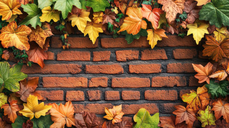 A beautiful arrangement of colorful autumn leaves framing a rustic brick wall. This image captures the essence of the fall season and its vibrant colors.の素材