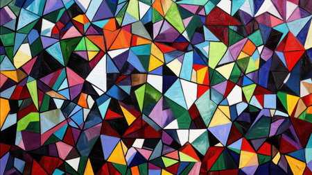 Bright geometric pattern with colorful polygon shapes in a layered abstract styleの素材