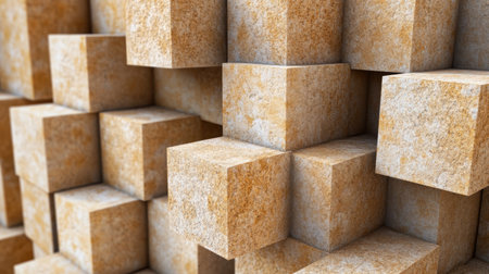 Warm sandstone blocks stacked neatly, showcasing natural orange and beige textures for architectural designの素材
