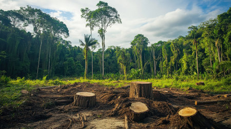 Piles of cut trees in a forest environment, symbolizing deforestation and its effectsの素材