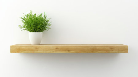Minimalist wooden shelf with a green potted plant, set against a clean white wall for a modern designの素材